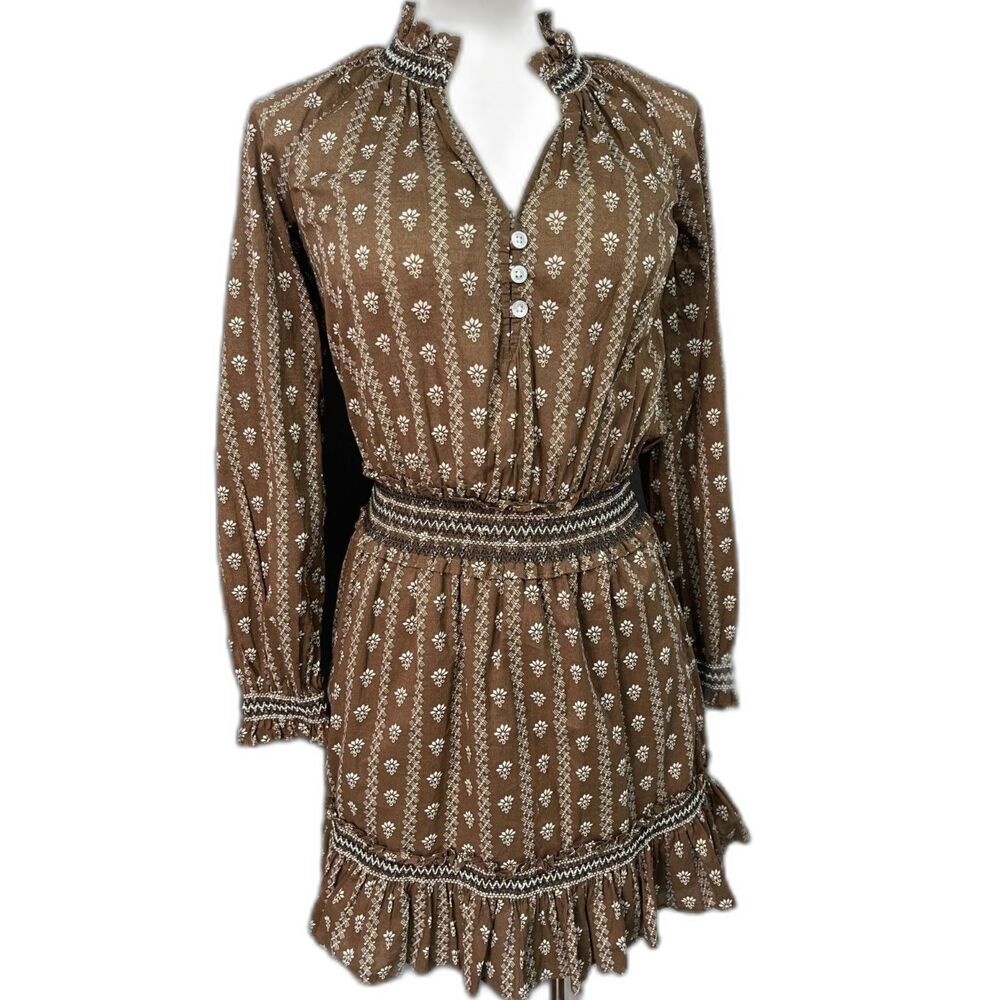 Veronica Beard Espie Hazel Print‎ Mini Dress XS Brown Cotton Smocked Peasant